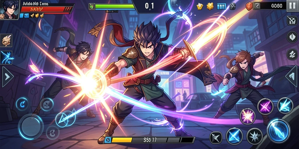 Screenshot menunjukkan karakter utama dalam pertempuran.